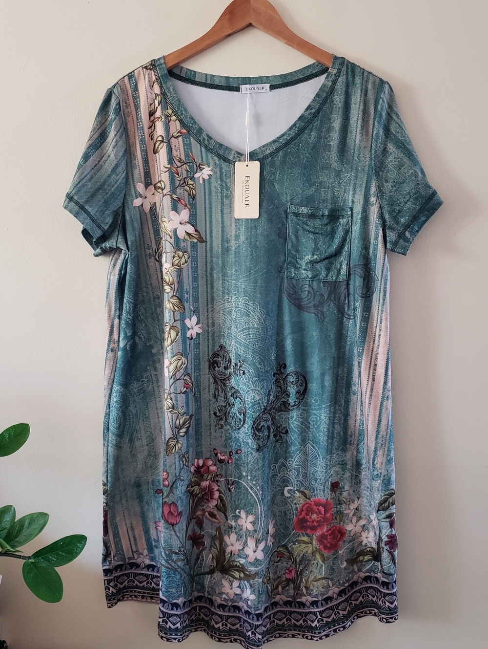 EKOUAER NWT V Neck Tunic Dress/Night Gown - Floral XL